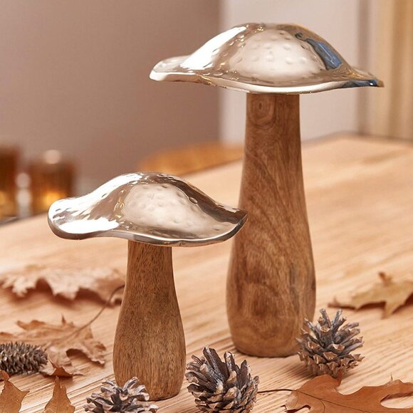 (Set of x2) Mango Wood & Hammered Metal Mushroom Cottagecore Artisan Decor - Picture 5 of 7